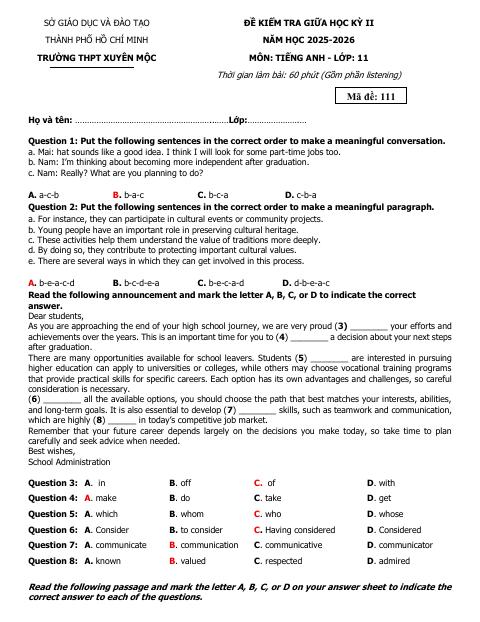 Đề thi Giữa kì 2 Tiếng Anh 11 năm 2025-2026 trường THPT Xuyên Mộc (TP Hồ Chí Minh)
